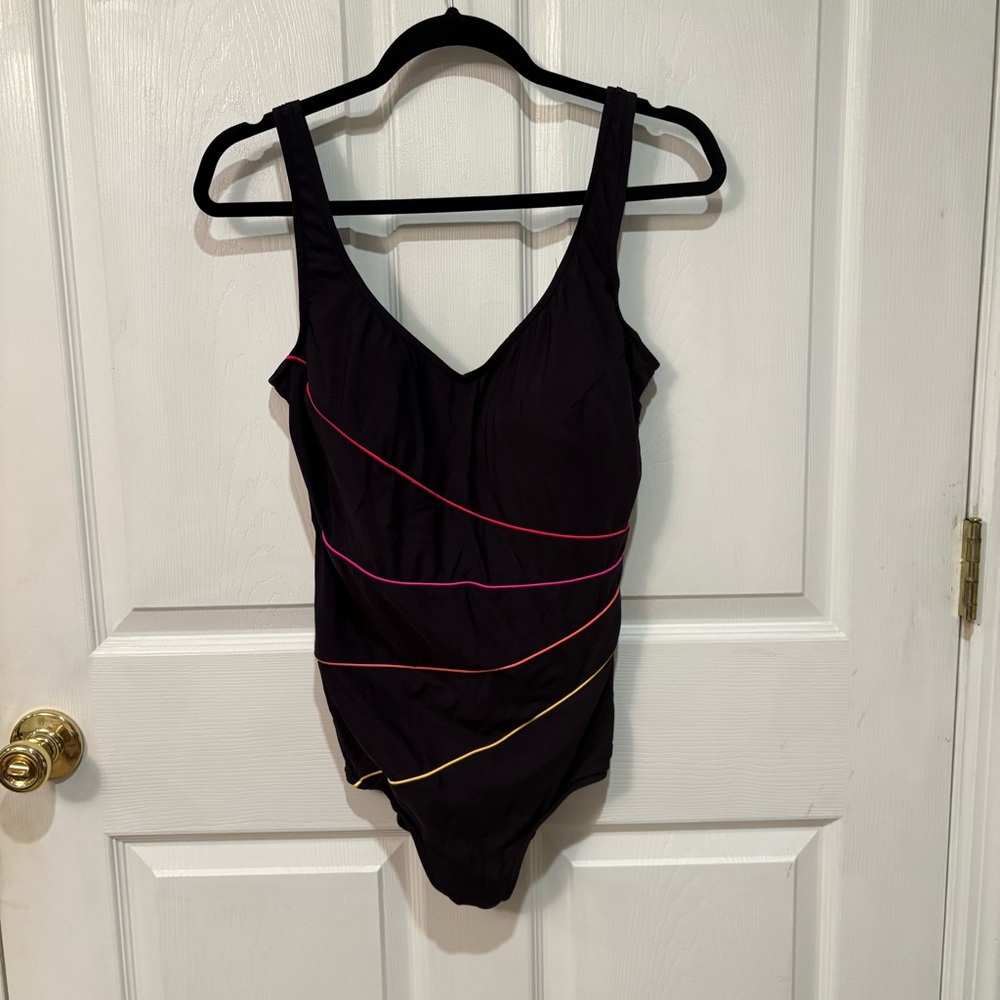 Vintage Black Swimsuit with Colorful Stripes